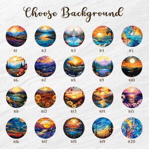 May include: Twenty colorful, circular, stained glass-style images with a sunset theme. Each image is numbered from 1 to 20. The text "Choose Background" is at the top of the image.