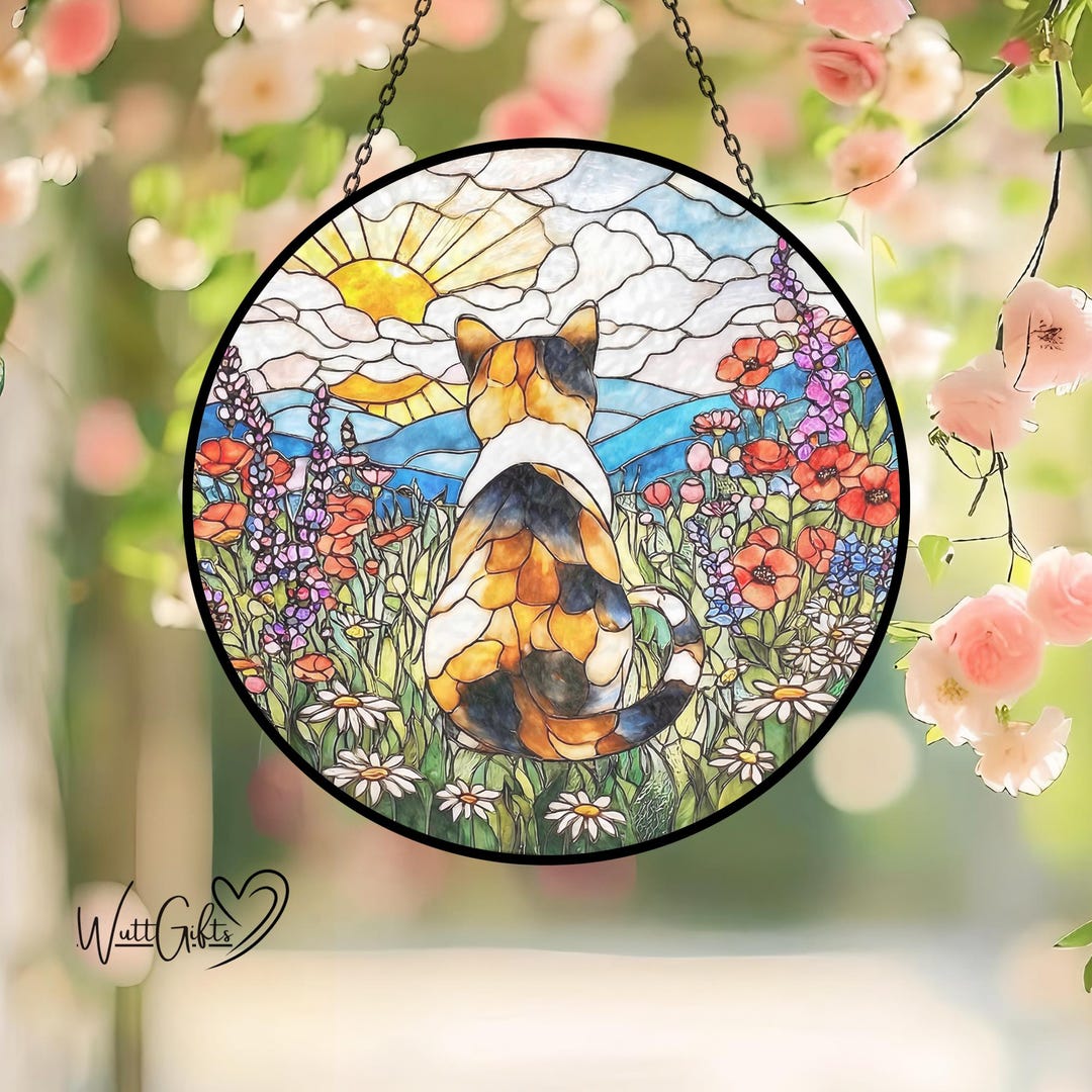 Calico Cat Stained Glass Suncatcher, Wildflower Meadow Window Hanging ...