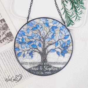 Personalized Wedding Anniversary Stained Glass Suncatcher, Wedding Anniversary Keepsake, Tree Glass Art, Home Window Hanging, Gift For Lover