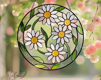 Elegant Yellow & White Daisy Stained Glass Suncatcher, Flower Glass Art, Window Decoration, Home Decor, Memorial Suncatcher, Gift For Women