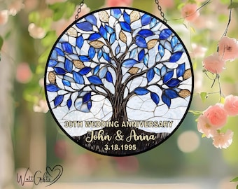 Personalized Wedding Anniversary Stained Glass Suncatcher, Wedding Anniversary Keepsake, Tree Glass Art, Home Window Hanging, Gift For Lover