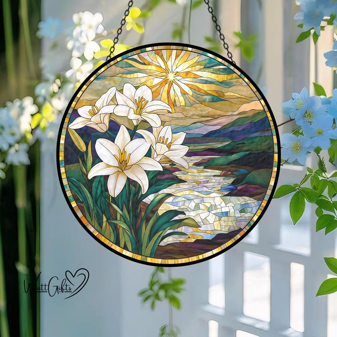 White Lilies Sun Catcher, Stained Glass Sun Catcher, Serene Nature ...
