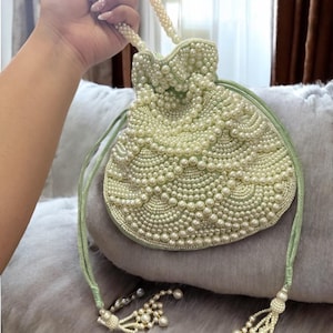 Handmade Pearl Potli Bag | Embroidered Bridal Potli Purse | Indian Wedding Clutch | Pearl Beaded Drawstring Bag | Party Gift Bag