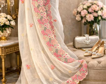 Dupatta in organza azzurra con bordo ricamato floreale / Elegante dupatta per feste e matrimoni