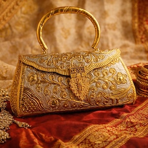 May include: An ornate gold and silver handbag with a curved handle, intricate floral patterns, and a decorative clasp. The bag sits on a red and gold patterned fabric, with gold jewelry and bangles nearby. The overall theme is luxury and elegance.