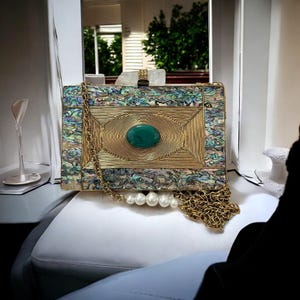Abalone Shell Clutch Bag | Gold Framed Box Purse with Green Gemstone | Handmade Party Clutch | Luxury Designer Evening Bag with Pearl Chain