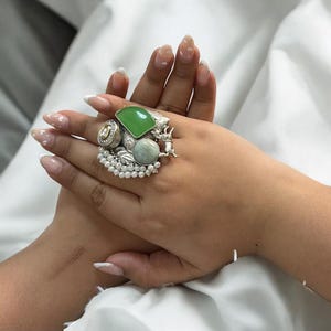 Statement Silver Art Ring with Green Stones & Pearls | Adjustable Handcrafted Heritage Ring | Antique Ethnic Ring for Women