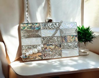 Silver Mosaic Clutch Bag – Abalone & Mother of Pearl Box Purse | Elegant Designer Evening Handbag with Chain and Pearl Handle