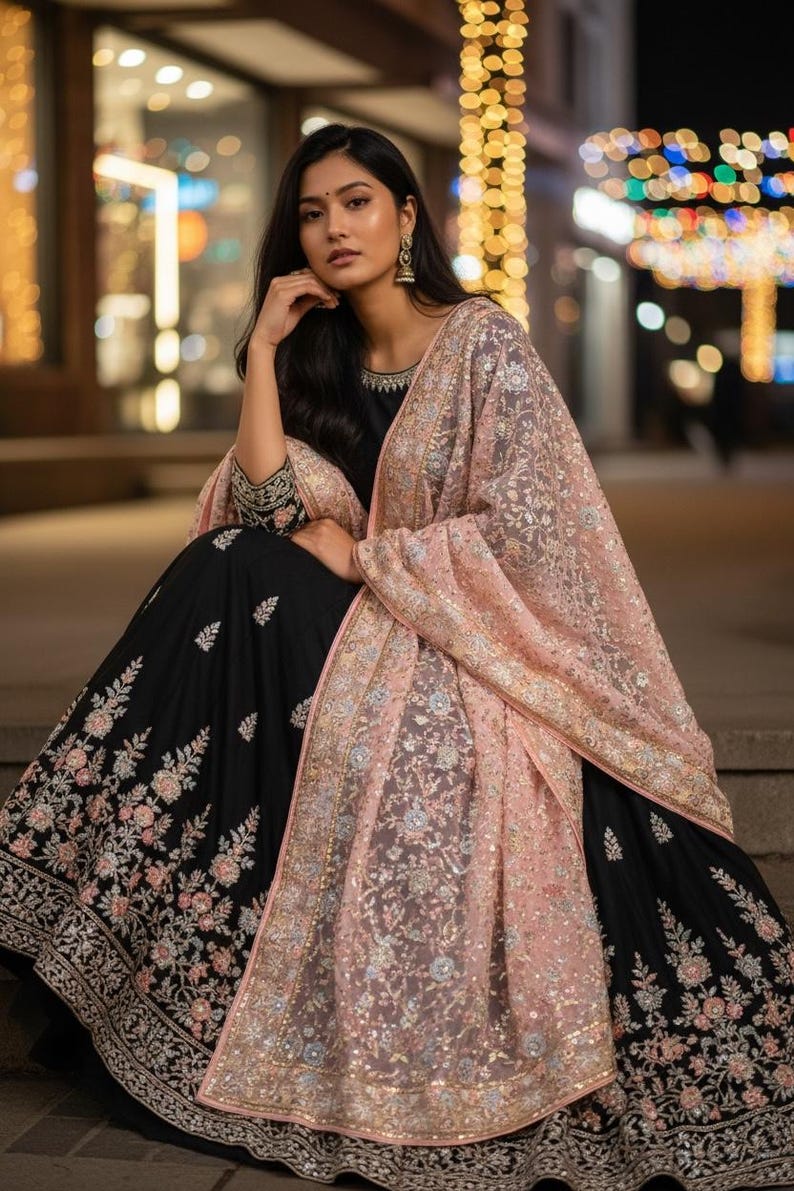 Op de afbeelding: Een vrouw draagt een zwarte jurk met bloemenborduurwerk en een lichtroze sjaal. De sjaal is versierd met ingewikkelde patronen en gouden accenten. De jurk heeft lange mouwen met gouden borduursel op de manchetten.