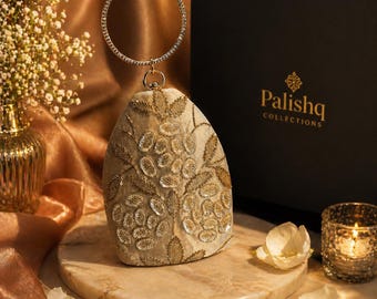 Bolso de mano dorado con asa de muñeca / Bolso de noche de diseño con asa de anillo de cristal / Bolso de fiesta nupcial para mujer