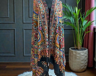 Pashmina-sjaal Kalamkari zwart | Luxe omslagdoek met paisley-motief | Zachte warme winterstola | Kleurrijke sjaal in kasjmierstijl | Elegant cadeau voor haar en hem.