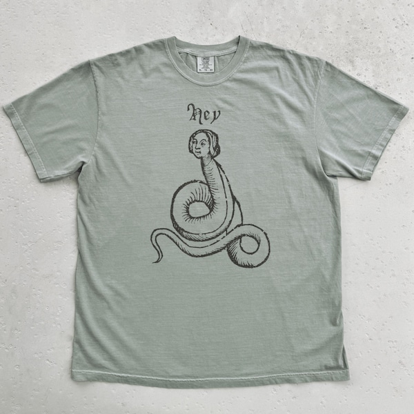 Hé | Shirt middeleeuwse slang houtsnede, middeleeuwen marginalia, bestiariumtekening, Snake Art-T-shirt, monniksdoodle