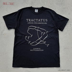 May include: A navy blue t-shirt with the text "TRACTATUS LOGICO-PHILOSOPHICUS" and the name "LUDWIG WITTGENSTEIN" in white. The shirt features a white diagram. The shirt has short sleeves.