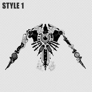 Peut inclure: Conception graphique en noir et blanc représentant un design mécanique stylisé, complexe, avec un élément central circulaire et deux bras symétriques.