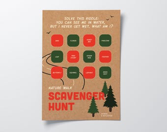 May include: A brown paper scavenger hunt game with a nature theme. The game includes a riddle: "You can see me in water, but I never get wet. What am I?" The answer is "A reflection". The game features a list of items to find in nature, including a bird, flower, honey bee, pine cone, leaf, tree stump, spider web, feather, butterfly, squirrel, ladybug, and bird's nest.