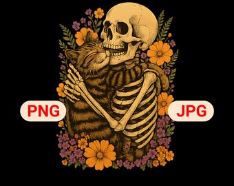 Skeleton Hugging Cat Floral PNG, Gothic Halloween (Digital Download)