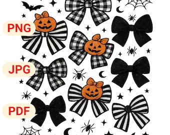 Clipart de laço de Halloween Coquette: Abóbora xadrez PNG (Download digital)