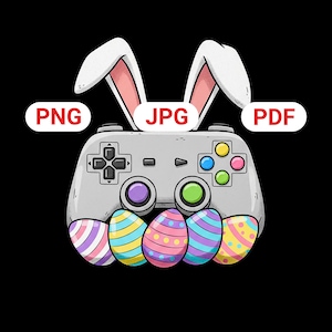 Puede incluir: Un mando de videojuegos gris con orejas de conejo y coloridos huevos de Pascua. El mando tiene los textos "PNG", "JPG" y "PDF". Los huevos están decorados con varios patrones y colores, sobre un fondo negro.