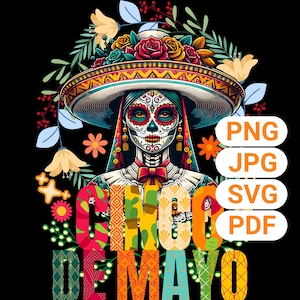 Cinco de Mayo Sugar Skull Woman Art PNG, Colorido Fiesta Mexicana Día de Muertos Diseño, Sombrero Floral La Catrina, Regalo de Fiesta Cinco de Mayo