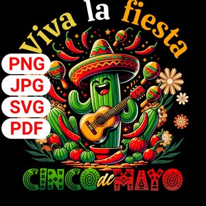 Cinco de Mayo Cactus Guitar PNG: Viva La Fiesta Design (Digital Download)