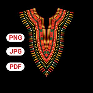 May include: A colorful, geometric design in red, yellow, green, and orange, resembling a neckline or collar, set against a black background. The image includes the text "PNG", "JPG", and "PDF" in white.