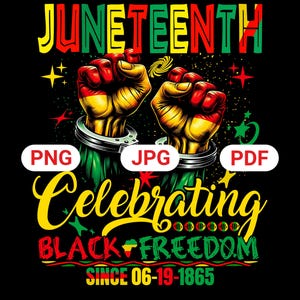 Może przedstawiać: Grafika z napisem "Juneteenth" w kolorze żółtym, czerwonym i zielonym. Dwie zaciśnięte pięści, pokolorowane na czerwono, żółto i zielono, są w kajdankach. Zawiera również tekst "Celebrating Black Freedom Since 06-19-1865".