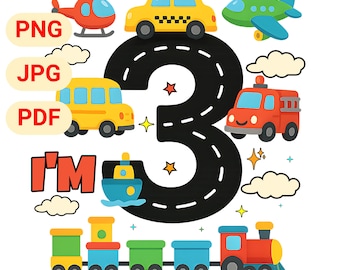 Divertente PNG di trasporto per il terzo compleanno: design dell'outfit per bambino (download digitale)