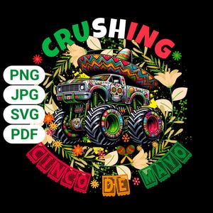 Cinco de Mayo aplastante PNG, camiseta de Monster Truck, camiseta de fiesta mexicana para niños pequeños, atuendo de celebración del Cinco de camión con calavera y sombrero