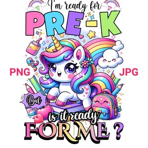 Regnbågs-enhörningsförskoletröja PNG: Första skoldagen (digital nedladdning)