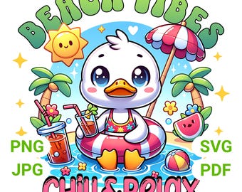 Cute Beach Duck PNG, Summer Vacation Graphic (Digital Download)