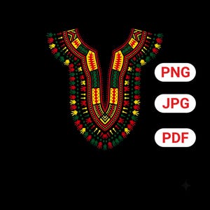 Könnte beinhalten: Ein schwarzes Grafikdesign mit einem farbenfrohen, gemusterten Ausschnitt in Rot, Gelb und Grün, das an traditionelle afrikanische Kleidung erinnert. Der Text "PNG", "JPG" und "PDF" ist ebenfalls in Weiß enthalten.
