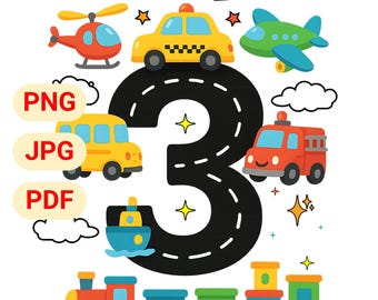Trasporti Compleanno PNG: "Ho 3 anni" Auto, Camion, Aereo (Download digitale)