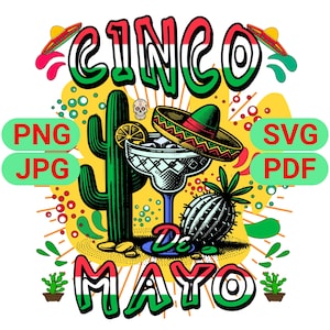 Cinco de Mayo Margarita PNG, feestelijk Mexicaans cactus- en sombreroontwerp, kleurrijke Fiesta-sublimatie voor feestshirts, drinkgerei, decoraties