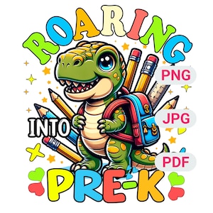Roaring Into Pre-K dinosaurieskjortadesign: Tillbaka till skolan PNG (digital nedladdning)