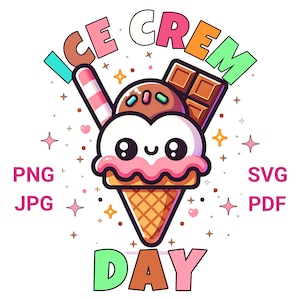 Camiseta del Día del Helado Kawaii: Postre de Verano PNG, SVG, PDF (Descarga Digital)