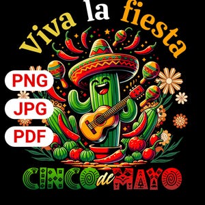 Cinco de Mayo Cactus Guitar PNG: Viva La Fiesta Design (Descarga digital)