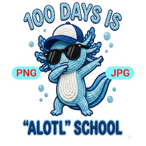 Könnte beinhalten: Blaues Axolotl-Cartoon-Figur mit Sonnenbrille und Mütze, die dabbt. Der Text lautet "100 DAYS IS" über dem Axolotl und "ALOTL SCHOOL" darunter. Das Bild hat die Beschriftungen "PNG" und "JPG".