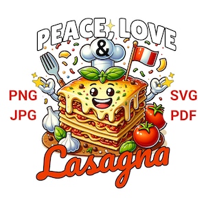 Peace Love & Lasagna PNG, Funny Italian Food Lover Tee with Cute Cartoon Pasta Slice, Perfect for Foodies, Chefs And National Lasagna Day