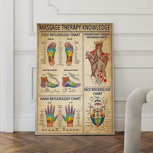 Puede incluir: Un gráfico enmarcado sobre el conocimiento de la terapia de masaje, con ilustraciones detalladas de reflexología podal, manual y facial, junto con terapia de puntos gatillo para nudos musculares.