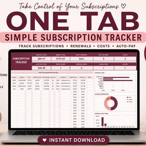 Op de afbeelding: Een digitale abonnementen-tracker-sjabloon voor Google Sheets weergegeven op een laptopscherm. De interface bevat een dashboard met samenvattende statistieken, een gedetailleerde lijst met abonnementen en diverse datavisualisaties.