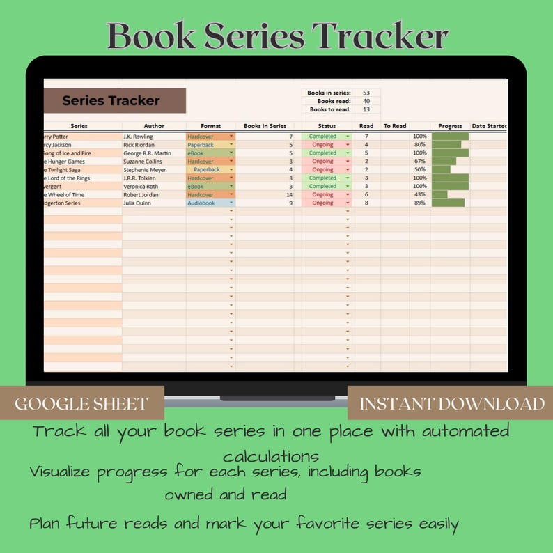 Book Series Tracker: Reading Goals Google Sheet (digital Download) - Etsy