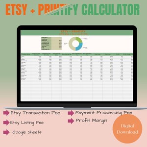 Op de afbeelding: Een groene, blauwe en beige taartdiagram die de verdeling van Etsy- en Printify-kosten laat zien. Een spreadsheet met een lijst van producten, productkosten, verkoopprijs, Etsy-vermeldingskosten, Etsy-transactiekosten, Etsy-betalingen, totale kosten, totale kosten, winst en winstmarge. De spreadsheet is getiteld "Etsy + Printify Prijscalculator".