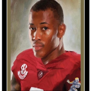 May include: A painting of a football player wearing a red jersey with a white SEC Graduate patch and an Alabama 'A' logo. The player is looking directly at the viewer. The player's name, DeVonta Smith, is written in black text below the image. A gold trophy with a football player figurine is in the bottom right corner.