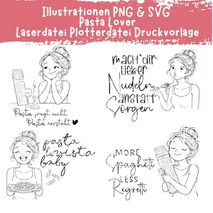 Peut inclure: Illustrations en noir et blanc de femmes et de pâtes. Le texte comprend "Pasta Lover", "More Spaghetti Less Regretti" et d'autres phrases liées aux pâtes. Idéal pour les projets d'art numérique.