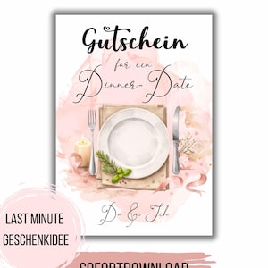 Könnte beinhalten: Ein digitales Gutschein-Design mit den Worten "Gutschein für ein Dinner-Date" in schwarzer Schrift. Das Bild zeigt eine Aquarell-Illustration eines Gedecks mit Teller, Besteck und Kerze. Der Text unten lautet "Du & Ich".