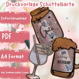 May include: Three printable templates for shaker cards. The templates are a mason jar, a glass of lemonade, and a beer stein. Each template has a clear window to insert money or other small items. The text on the templates reads "Alles Gute" and "Happy Biersday".