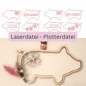 Plik do plotera LASEROWEGO, 8 zestawów Lucky Pig Sylwester z licencją komercyjną, SVG Lucky Pig 2025, Lasercut Nowy Rok, koniczyna, pętla