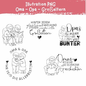 Könnte beinhalten: Schwarz-Weiß-Illustrationen mit Großeltern. Eine zeigt ein strickendes und lesendes Paar, eine andere einen Großvater beim Bau eines Vogelhauses, und weitere zeigen liebevolle Umarmungen. Text enthält "Oma & Opa" und "Ihr seid die Allerbesten."