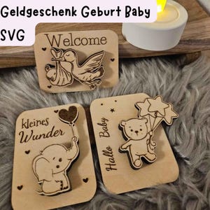 SVG LASERBESTAND GEBOORTE, incl. commerciële licentie, geld cadeauverpakking geld, baby svg, lasergesneden ooievaar beer olifant, babyshower