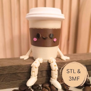 May include: A 3D-printed coffee cup figurine with a white lid, a brown sleeve, and a smiling face with pink cheeks. The figurine has articulated legs and arms, and is sitting on a wooden surface. The text "STL & 3MF" is in a circle.